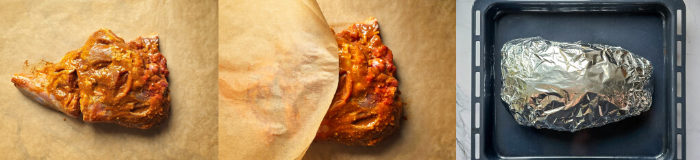 Étapes-marinade-cuisson-gigot-agneau-four Collage de 3 photos pour la cuisson d'un gigot d'agneau au four.