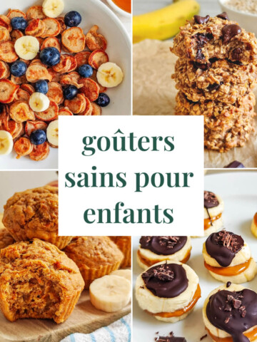 Un collage de 4 photos pour illustrer des idées de goûters sains et gourmand pour enfants.