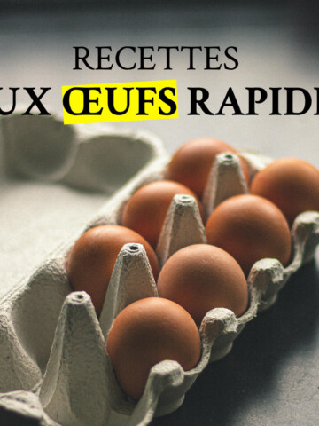 Une boîte d'œufs en carton ouverte contenant sept œufs bruns, avec le texte superposé « RECETTES AUX ŒUFS RAPIDES »